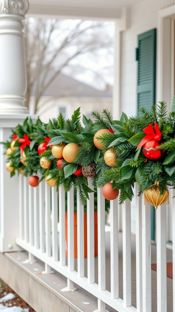 A colorful holiday garland with red and gold ornaments, paired with greenery, displayed on a porch railing.