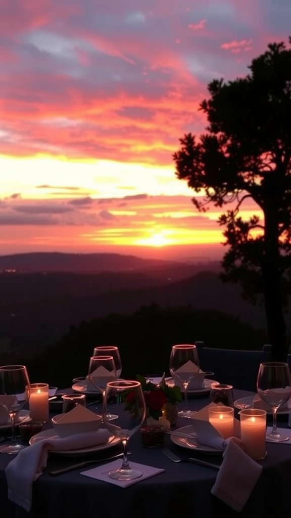 Couple dining at sunset on a hilltop, with a beautiful view.