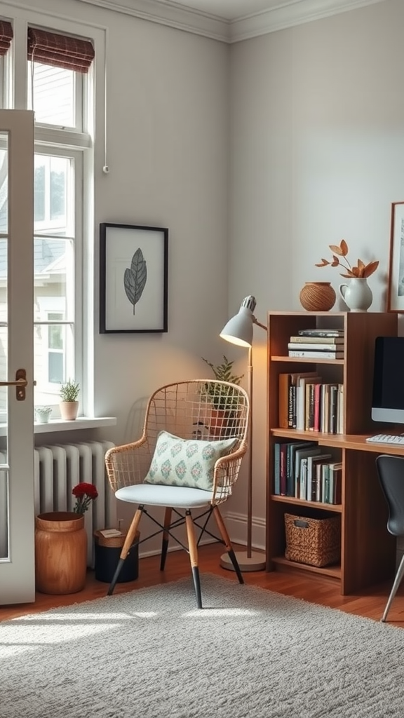 Cozy home office nook with a wicker chair, plant, bookshelf, and soft rug.