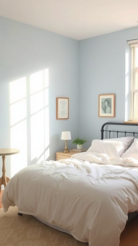 Cozy bedroom with pale blue walls, a bed with white bedding, and natural light illuminating the space.