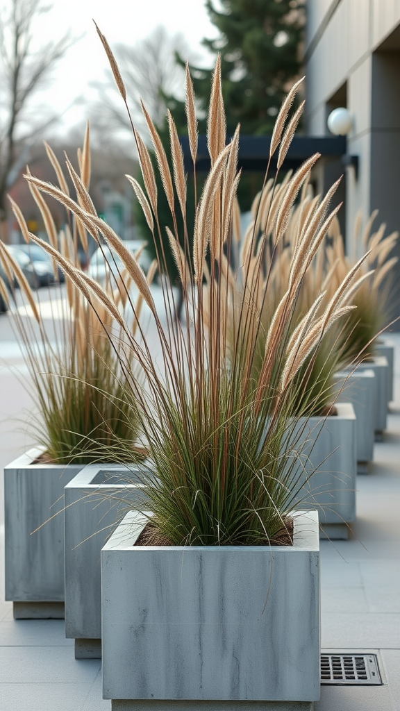 Contemporary concrete planters with tall grasses outdoors.