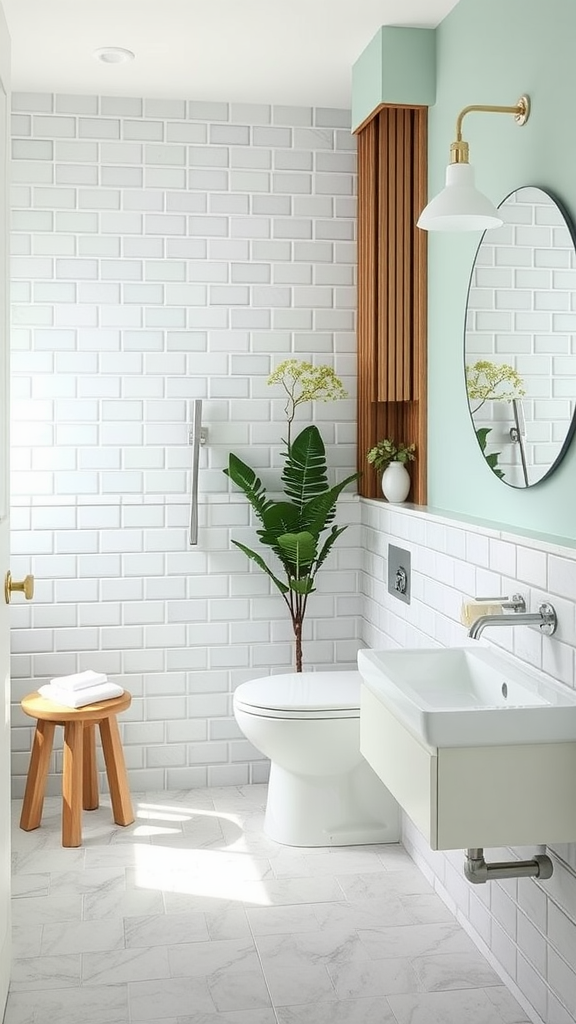 A modern bathroom featuring cool mint walls, light gray tiles, and wooden accents with a plant.