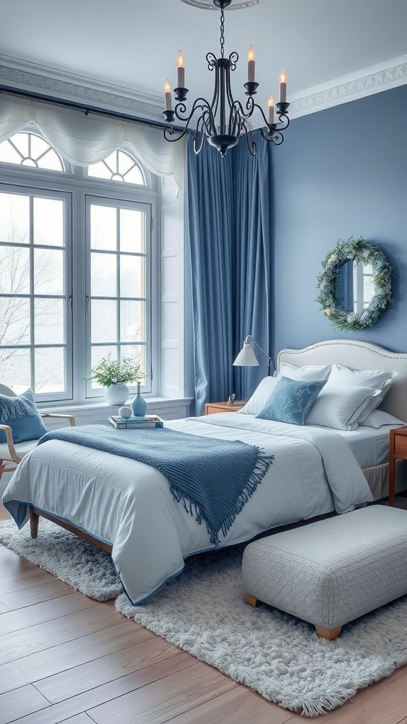 A cozy bedroom with blue walls, a comfortable bed, and warm lighting.