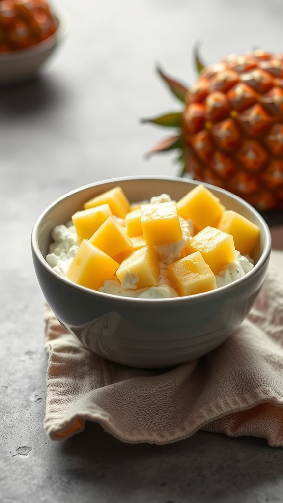 A bowl of cottage cheese topped with pineapple chunks, with a whole pineapple in the background.