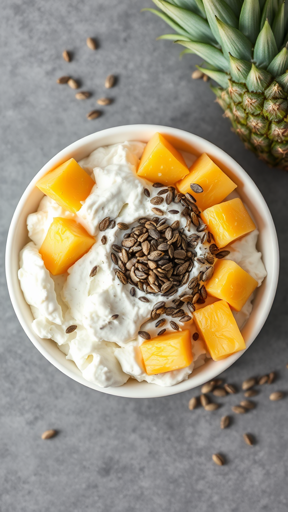 A bowl of cottage cheese topped with pineapple chunks and sunflower seeds, with fresh pineapple in the background.