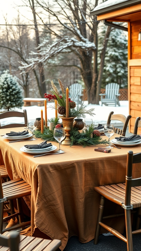 A cozy outdoor dining area set up with a warm tablecloth, candle centerpieces, and rustic chairs, surrounded by a winter landscape.