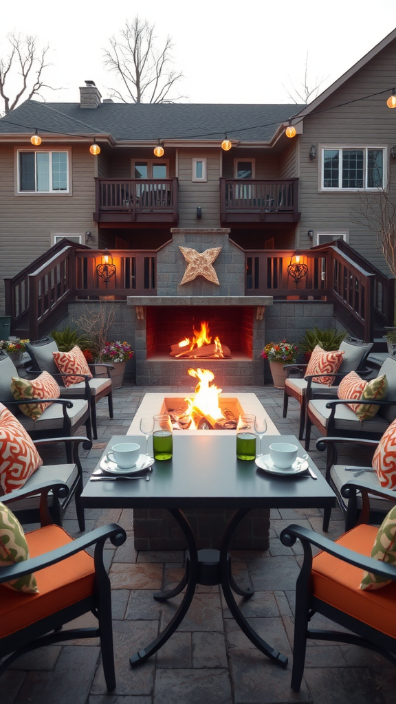 A cozy outdoor dining setup with a fire pit surrounded by comfortable chairs, creating a warm atmosphere.