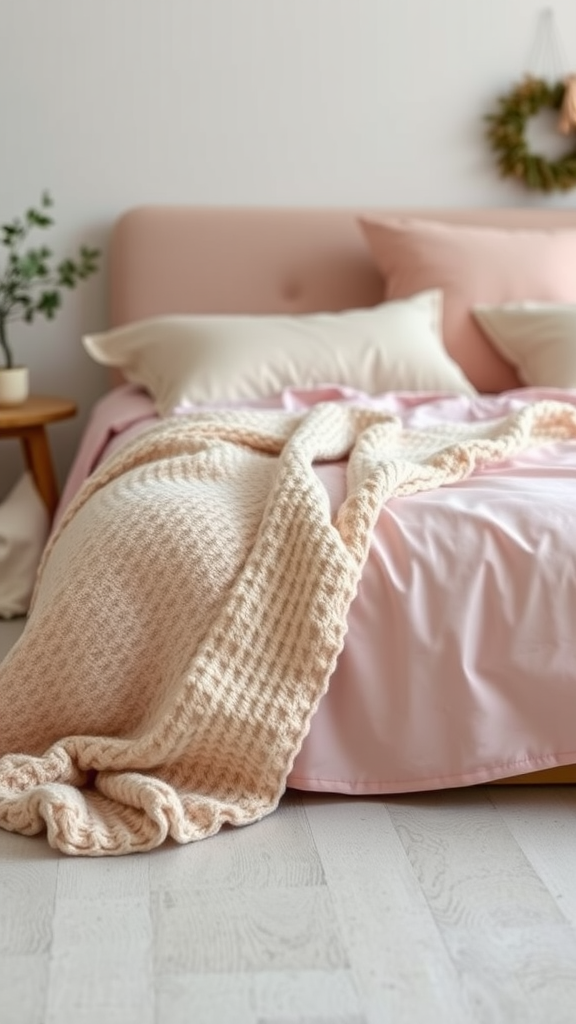 A cozy light pink bedroom featuring a soft knit throw draped over the bed.