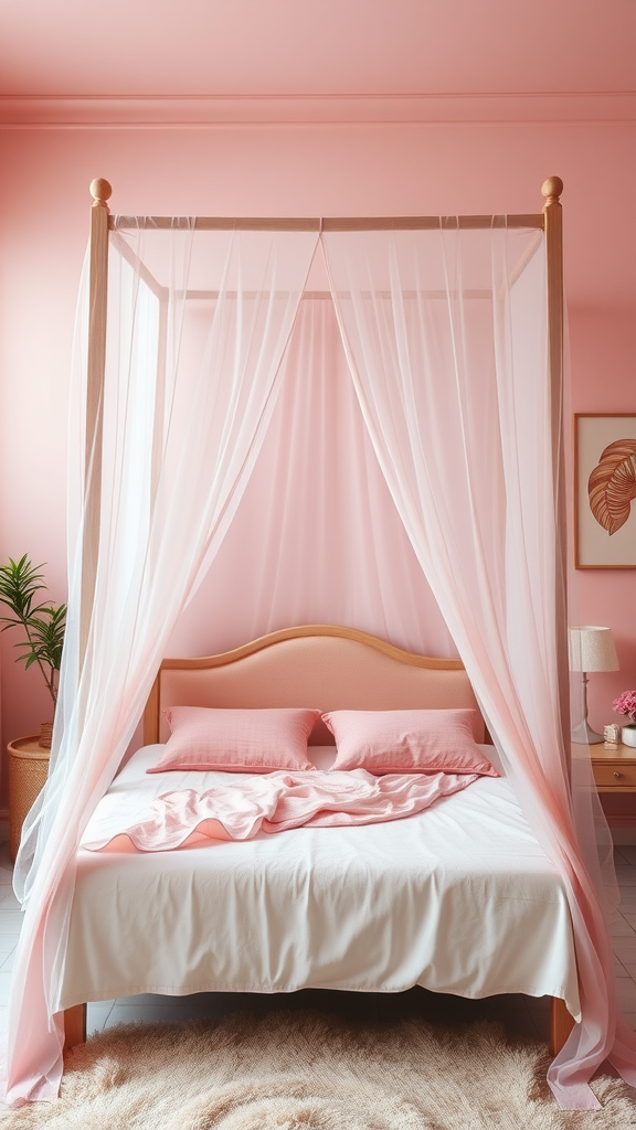 Cozy pink bedroom featuring a bed with a sheer canopy, soft pillows, and a plush rug.