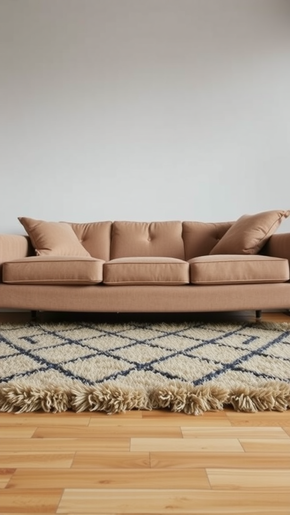 Cozy living room with a beige sofa and a patterned rug on wooden flooring.