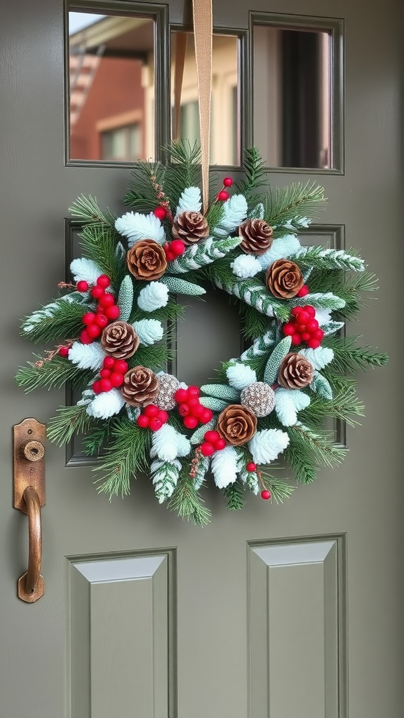 A cozy winter wreath decorated with pine cones, red berries, and fluffy white accents, hanging on a green door.