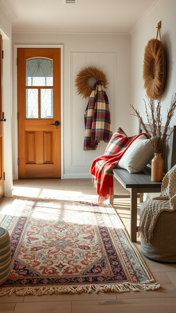 A cozy entryway with a patterned rug, plaid blanket on a bench, and warm decor elements.