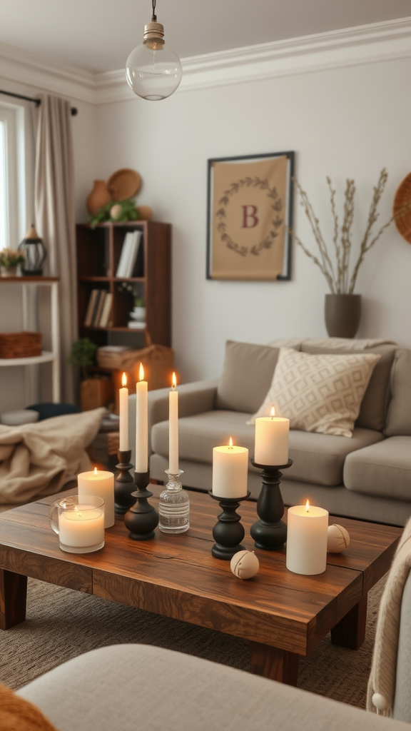 A cozy living room with candles, a soft sofa, and warm decor for winter nights