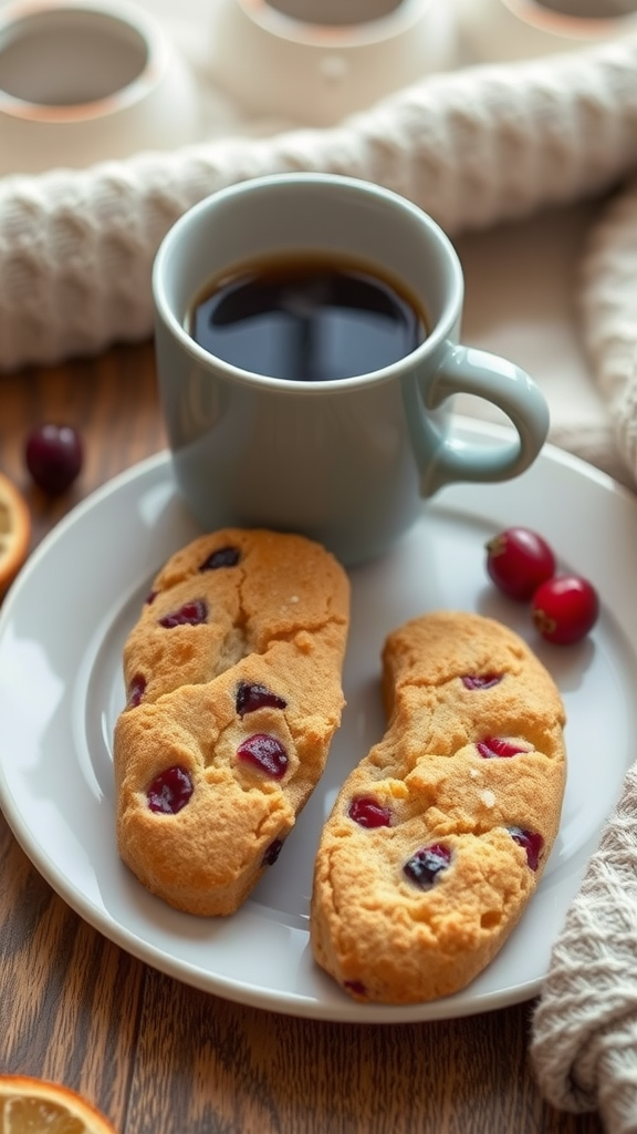 Cranberry orange biscotti on a plate with a cup of coffee