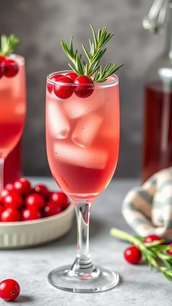 A tall glass of Cranberry Rosemary Fizz with ice, garnished with cranberries and rosemary