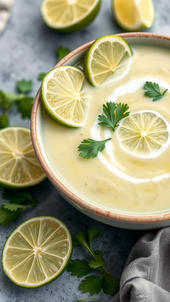 A bowl of creamy avocado and lime soup topped with lime slices and cilantro.