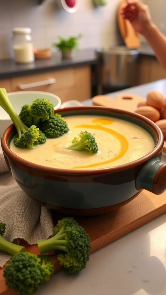 A bowl of creamy broccoli soup garnished with fresh broccoli and a swirl of orange sauce.