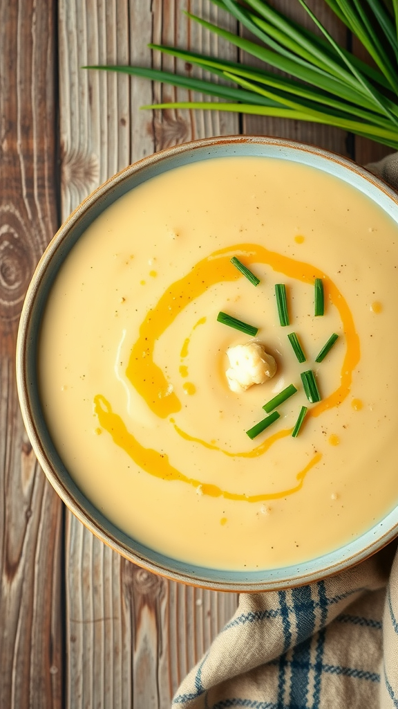 Low-Carb Winter Soups - a bowl of creamy cauliflower and cheese soup with a swirl of cheese on top, garnished with chives, surrounded by fresh cauliflower and green onions.