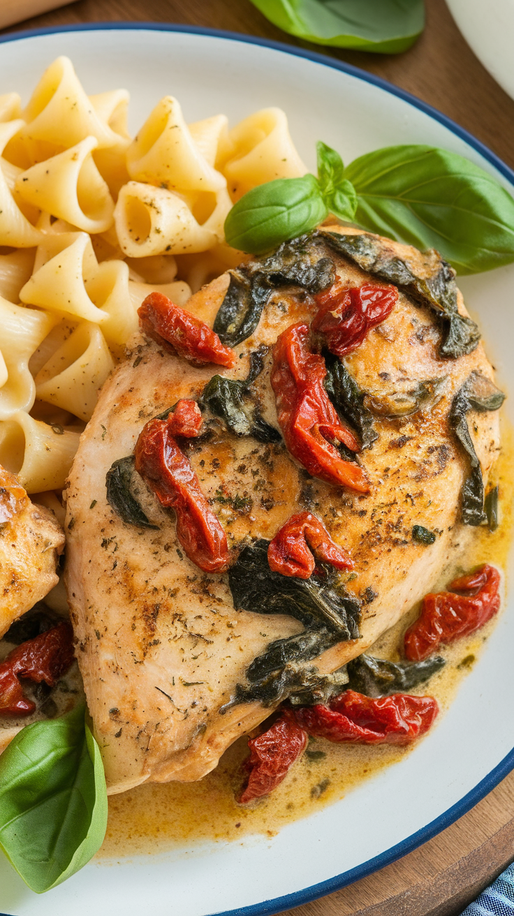 Delicious Creamy Garlic Tuscan Chicken with pasta and fresh herbs