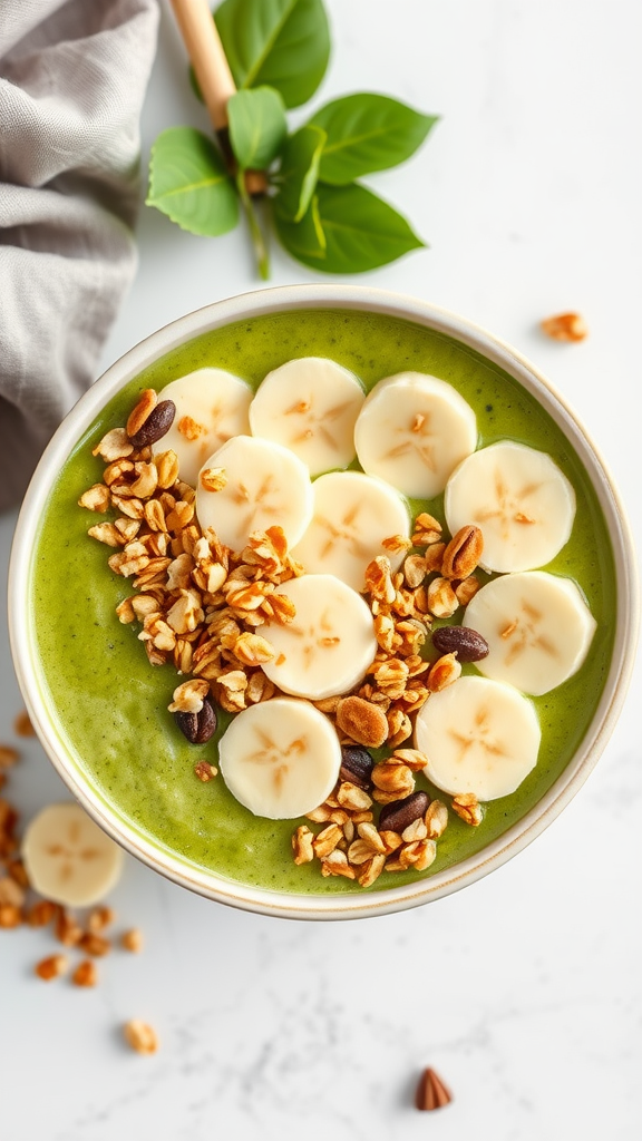 A creamy matcha bowl topped with banana slices and granola.