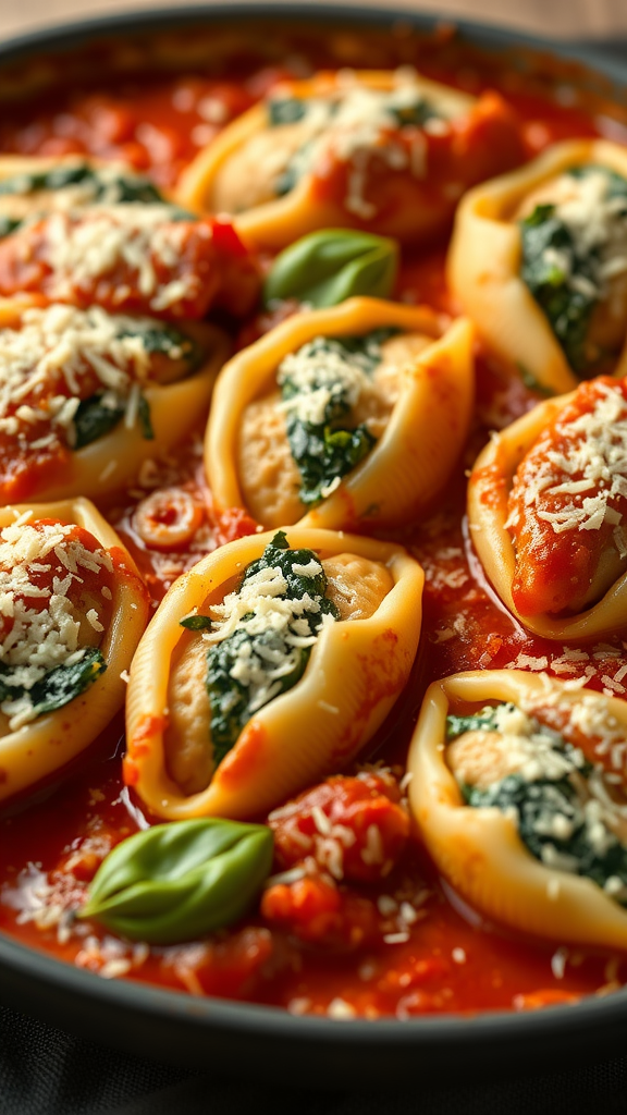 Delicious creamy spinach and ricotta stuffed shells in tomato sauce