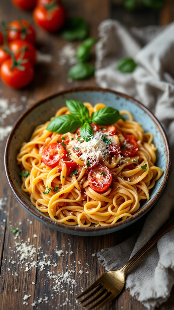 A bowl of creamy tomato basil pasta with cherry tomatoes and fresh basil on top.