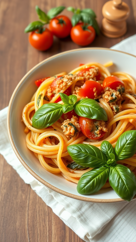 A bowl of creamy tomato basil pasta decorated with fresh basil leaves.