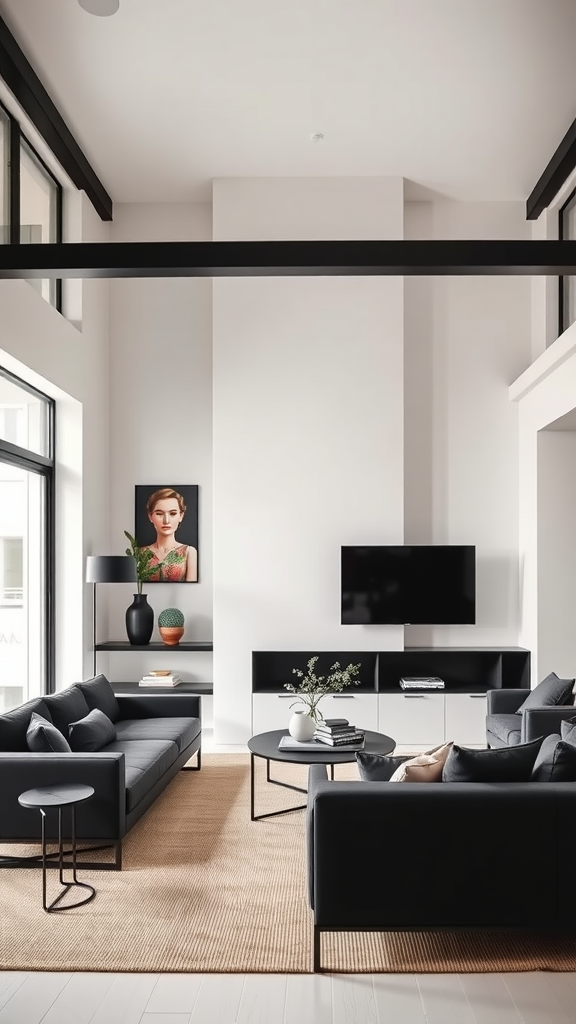 A stylish living room featuring creamy white walls and dark furniture accents.