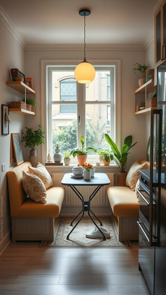 A cozy breakfast nook with soft seating, a small table, and plants by the window.