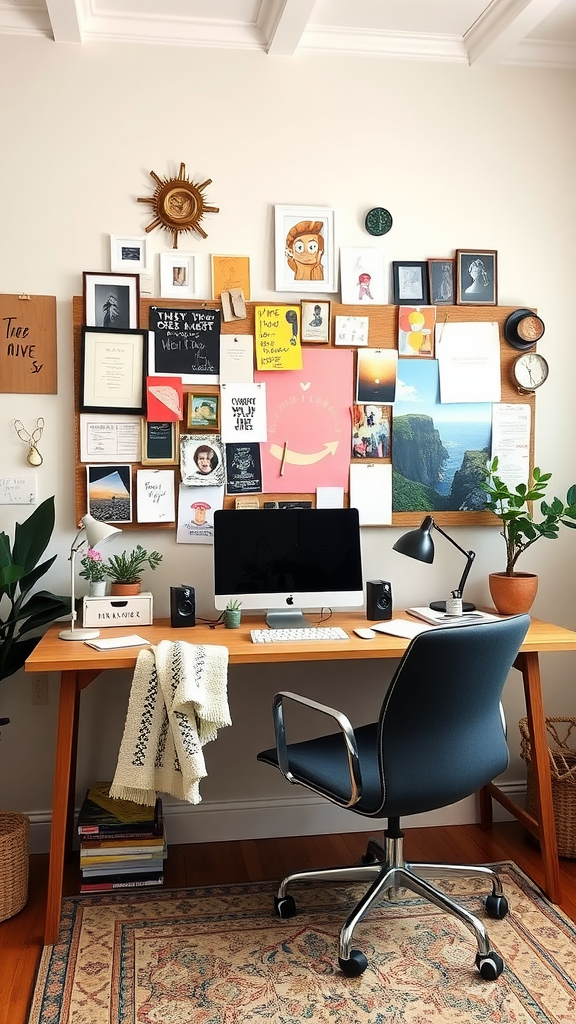 A home office featuring a creative inspiration board with photos, notes, and colorful elements.