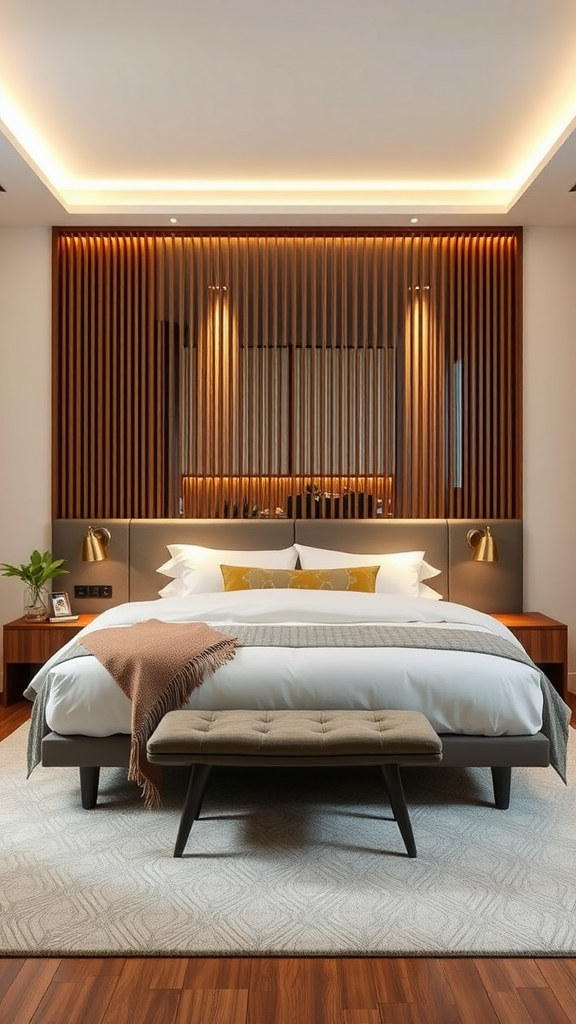 A modern bedroom featuring a unique room divider with text panels, stylish bedding, and a cozy atmosphere.