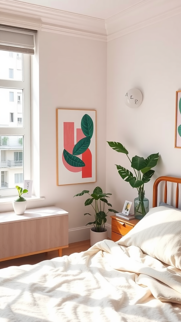 Bright bedroom with green and pink artwork, a bed, and plants