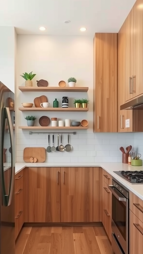 A modern kitchen with wooden cabinets and open shelves displaying dishes and kitchen utensils.