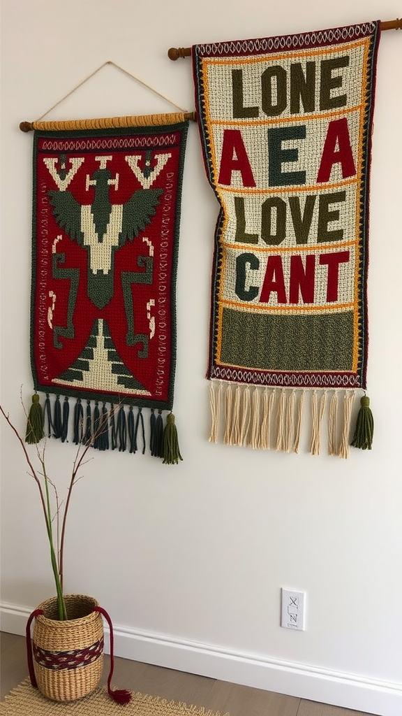 Two colorful woven wall hangings featuring intricate patterns and bold text