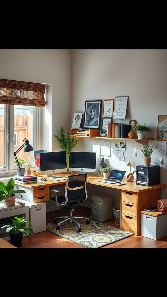 Cozy home office with wooden desk, two monitors, plants, and decorative wall art.