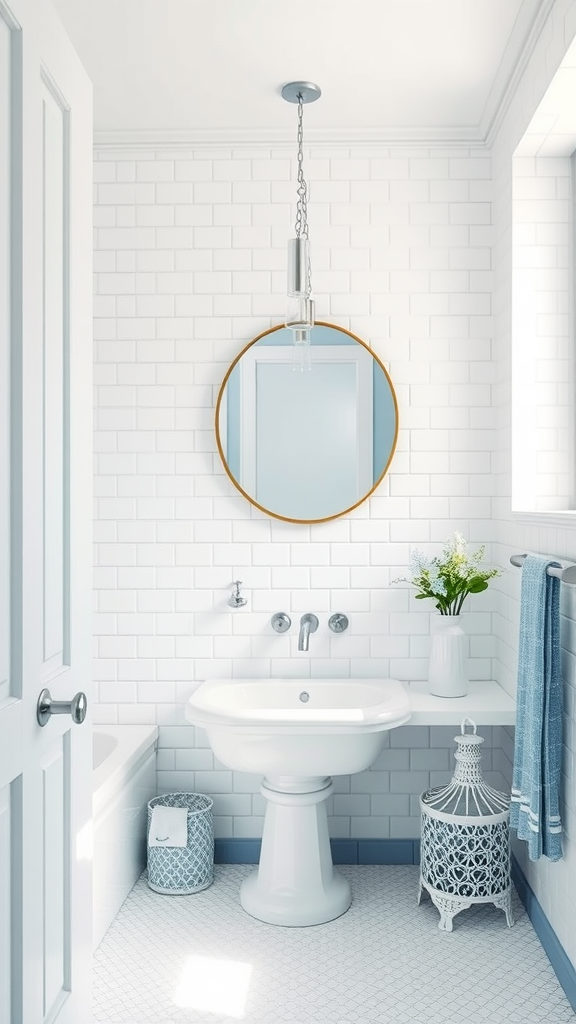 A bright and modern bathroom featuring white tiles, soft blue accents, and a stylish mirror.