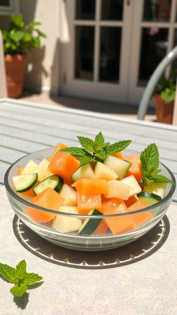 A bowl of cucumber and melon salad garnished with mint leaves.