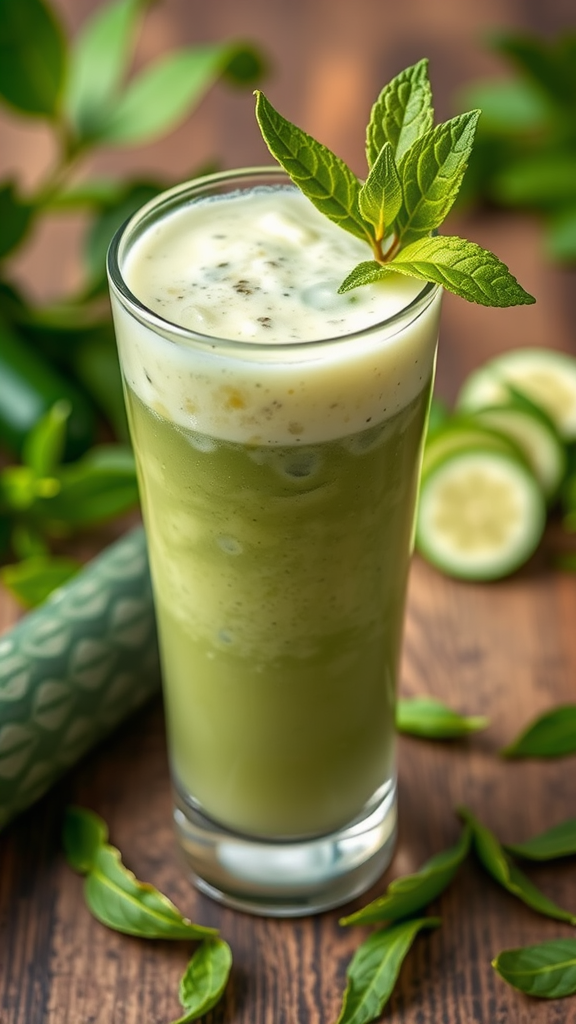 A tall glass of cucumber green tea cooler with a straw, garnished with cucumber slices and mint leaves.