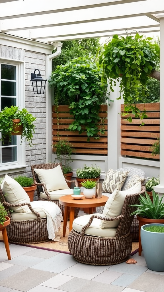 Cozy outdoor patio with soft seating, pillows, and hanging plants