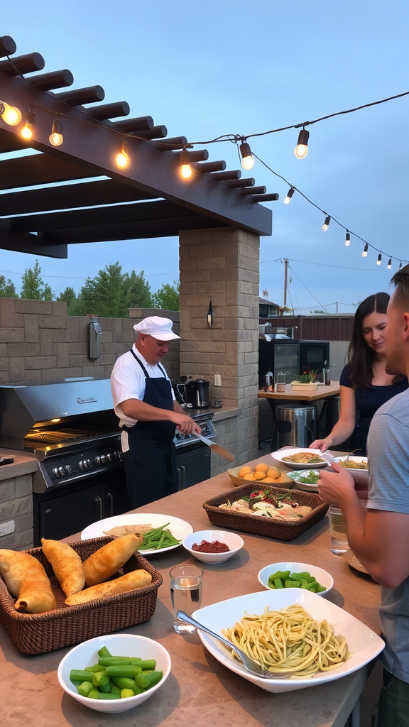 A personal chef cooking in an outdoor kitchen with guests enjoying the culinary experience.