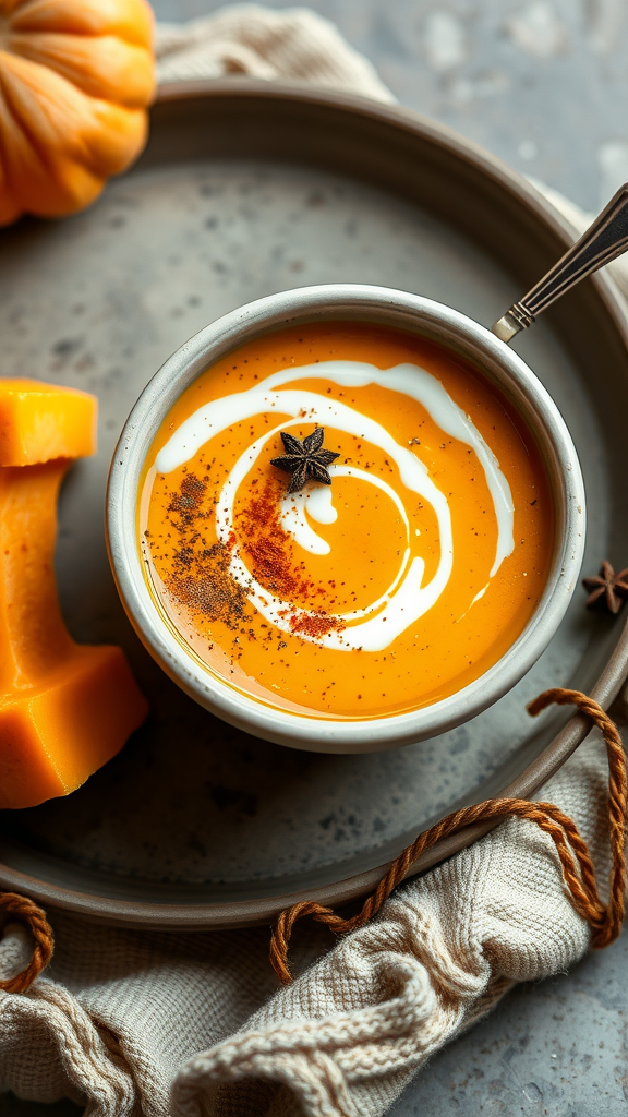 A bowl of curried butternut squash soup garnished with swirl of cream and star anise, with a slice of butternut squash beside it.