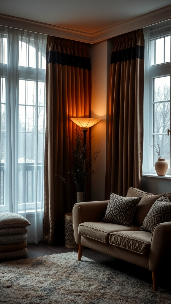 Cozy living room with layered curtains and a warm lamp, creating an inviting atmosphere.