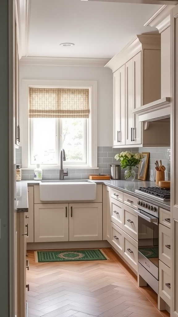 A modern kitchen featuring customized cabinetry, a farmhouse sink, and a stylish countertop.