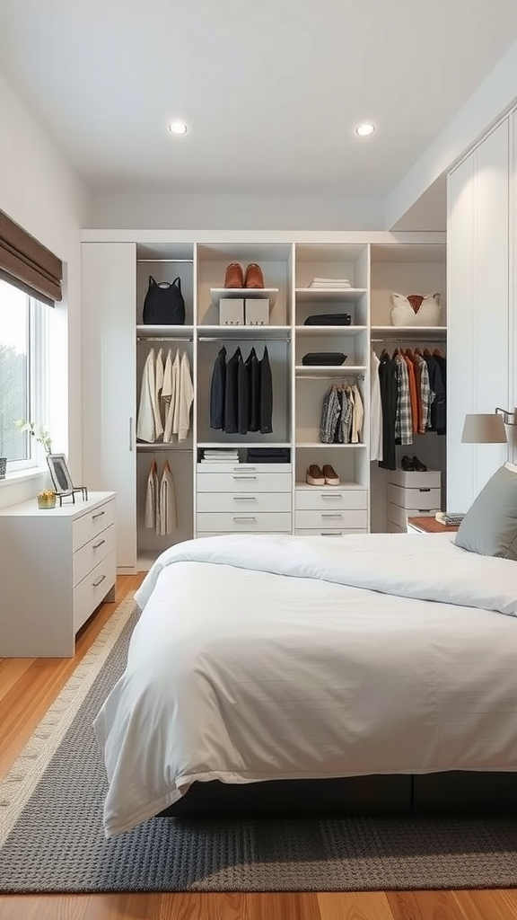 A modern bedroom featuring a customized closet with neatly arranged clothing and accessories.