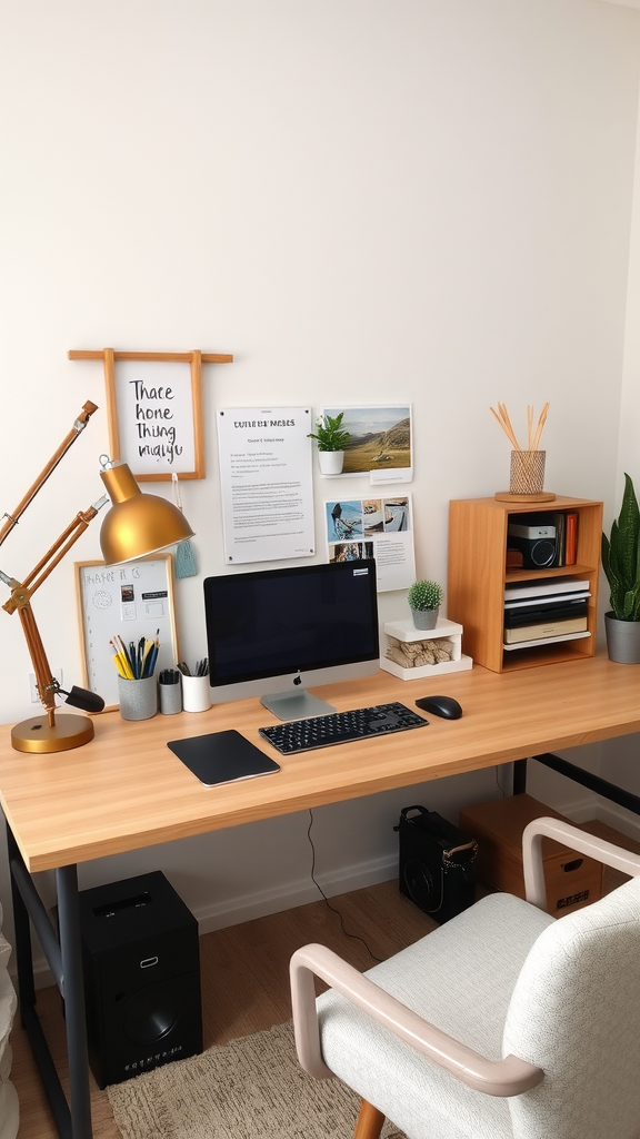 Cozy home office setup with a wooden desk, computer, plants, and decorative items.