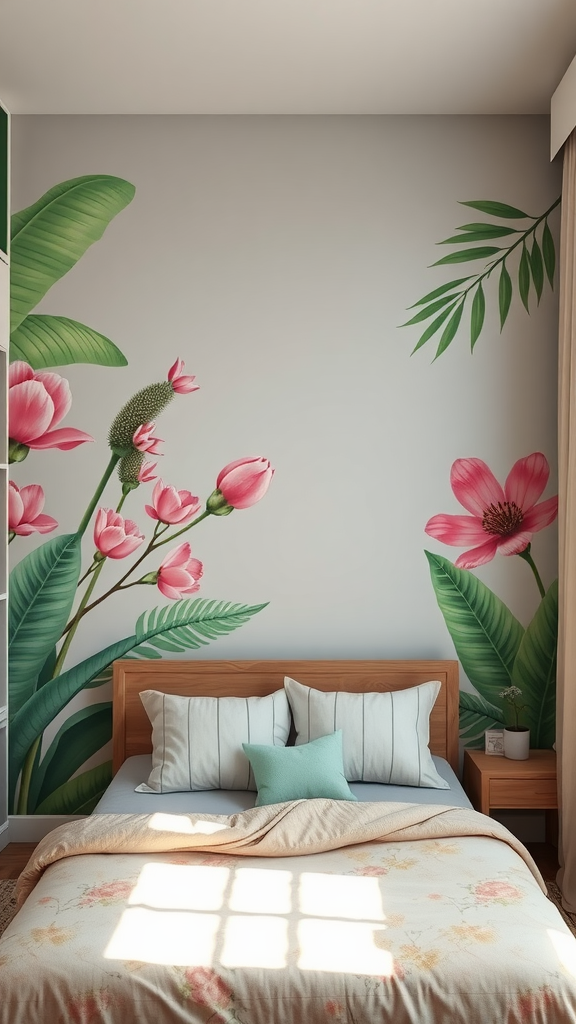 A bedroom featuring a floral mural in pink and green on the wall, with a wooden bed and decorative pillows.