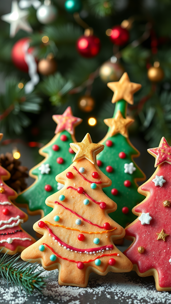 Colorful decorated Christmas tree cookies in various designs with a holiday background