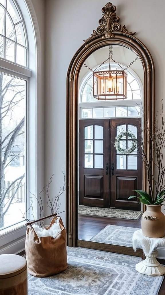 An ornate decorative mirror in an entryway with a window and natural light.