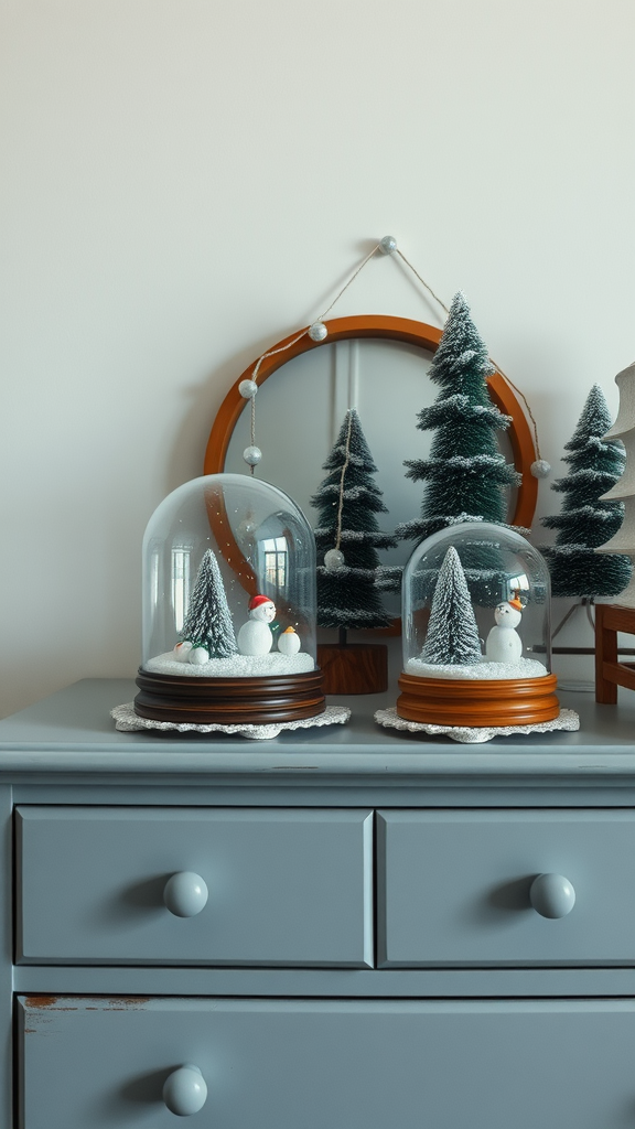 Two decorative snow globes with snowmen and trees on a gray dresser