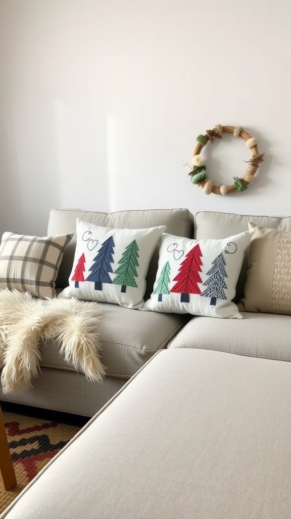 A cozy living room with decorative winter pillows featuring colorful trees on a beige couch.